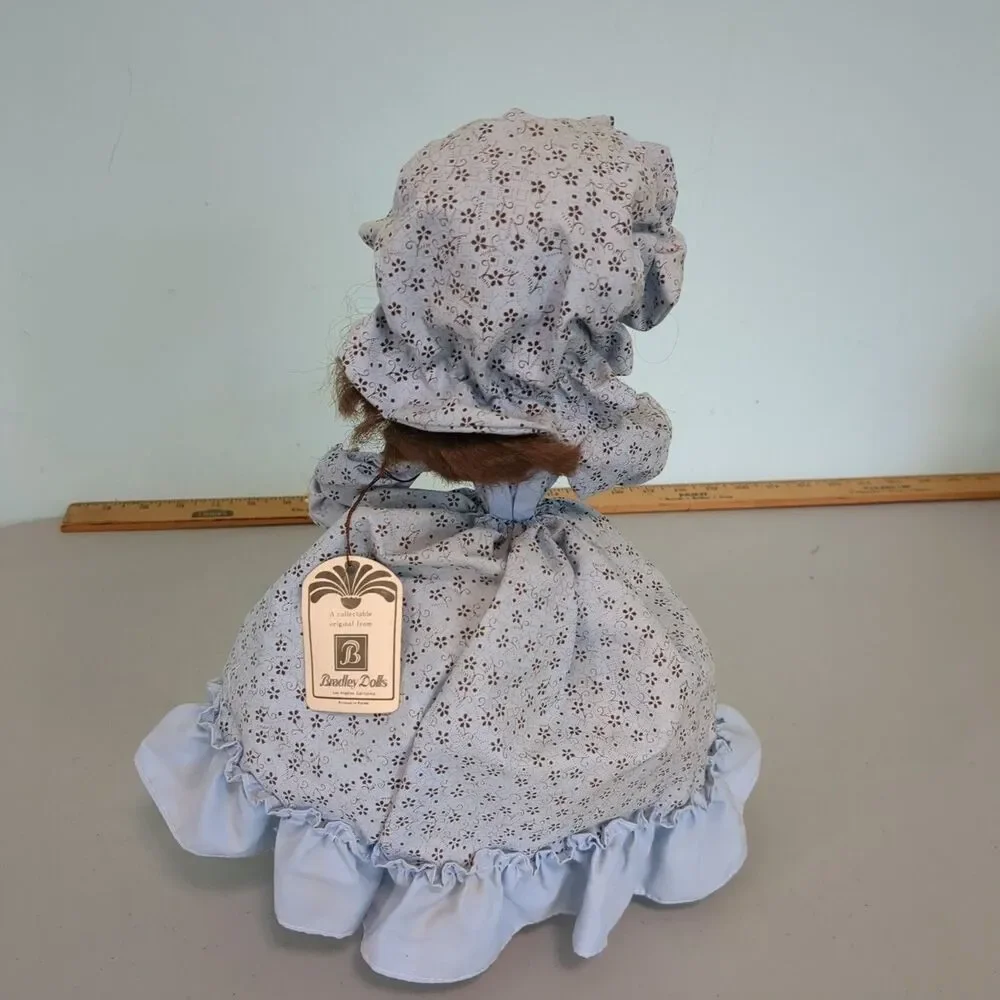 Bradley Doll Country Girl Hoop Dress Hat and Stand Has Legs Blue Floral, 16 in b
